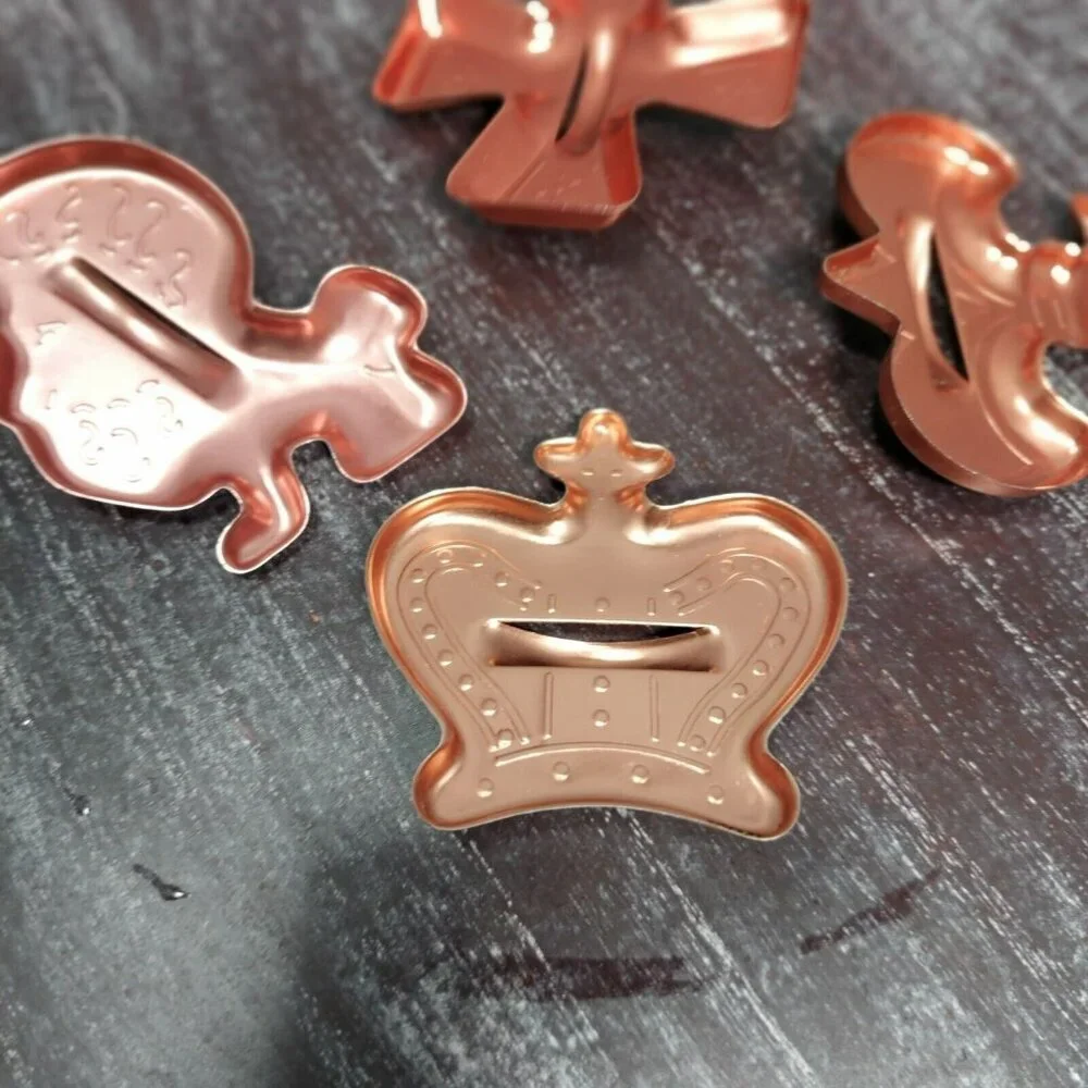 Vintage Lot of 4 Copper Colored Metal Cookie Cutters - Crown Cross  Fluer De Lis